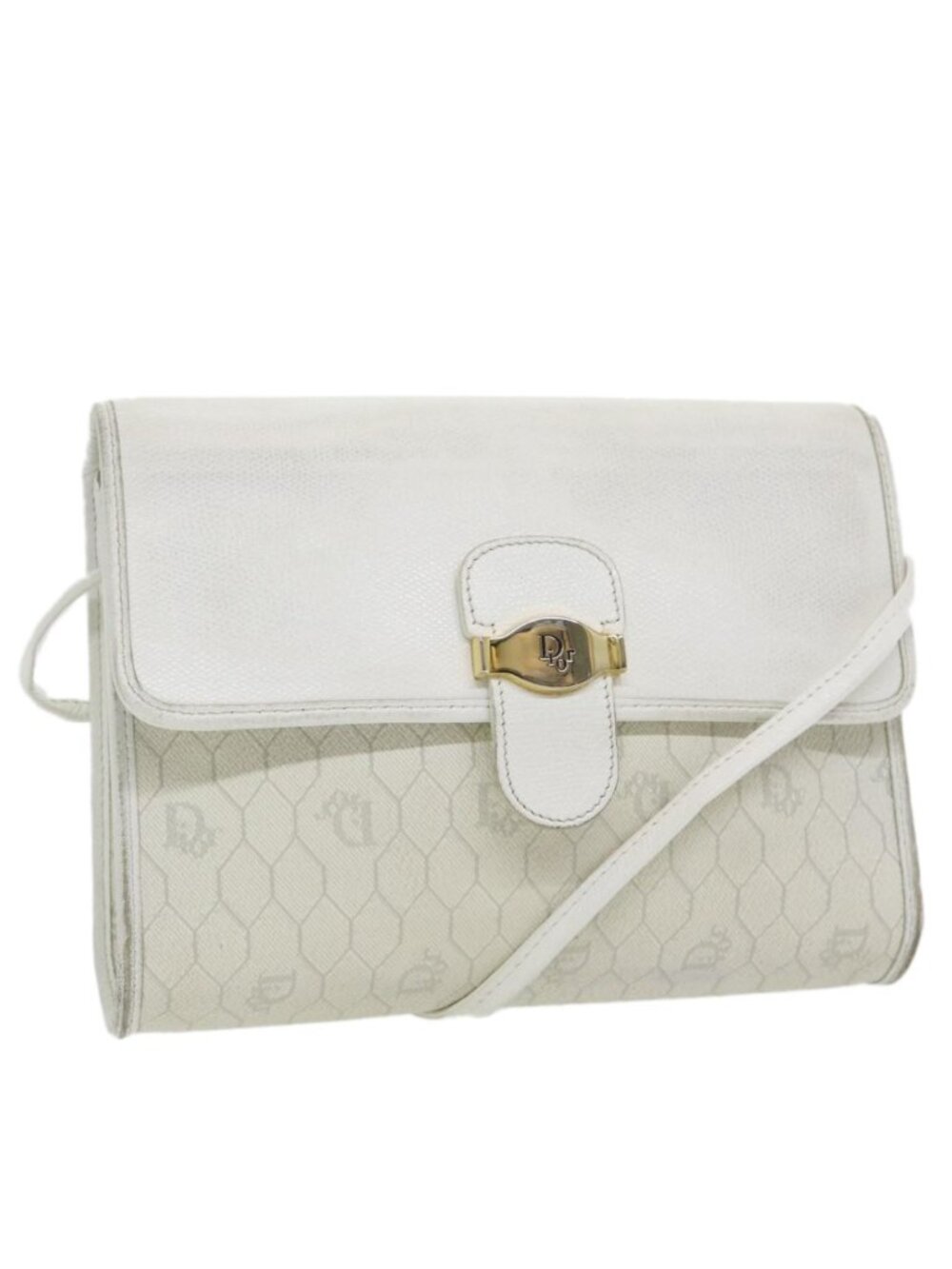Christian Dior Honeycomb Canvas Shoulder Bag PVC Leather White Gold